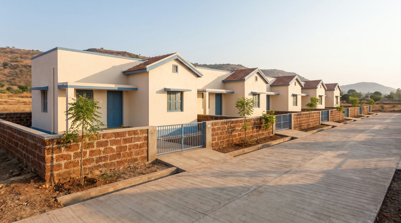 Illustration of a completed row of houses on the Hosdurga scheme.